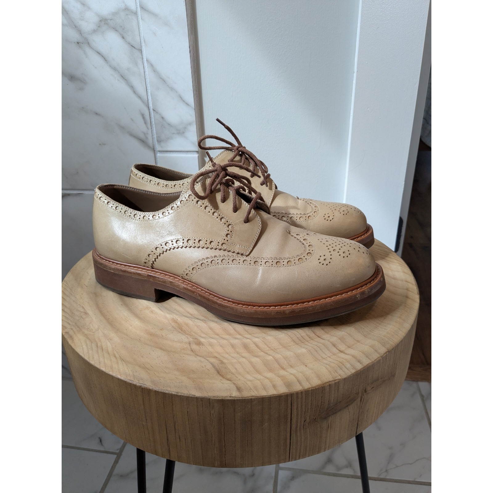 Brunello Cucinelli Tan Leather Wingtip Brogue Oxford Dress Shoes Mens 44/11
